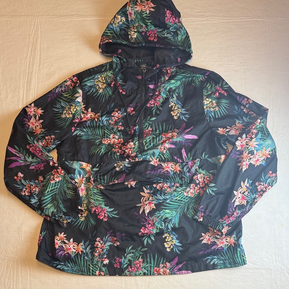 Xersion Women's Black Floral Pattern 3/4 Zip Windbreaker Hoodie Size L